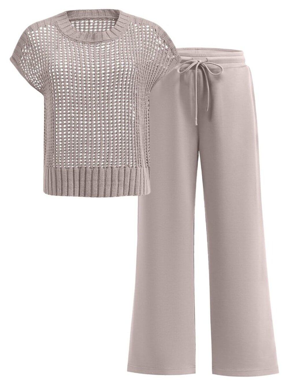 Women's Two Piece Crochet Lounge Set Pointelle Sweater Top Wide Leg Pants